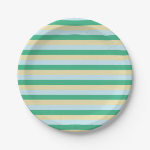 Pale Blue, Aqua Green and Beige Stripes Paper Plate
