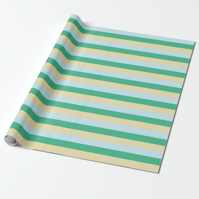 Pale Blue, Aqua Green and Beige Stripes Wrapping Paper (Unrolled)