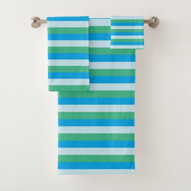 Pale Blue, Aqua Green and Turquoise Stripes Bath Towel Set (Insitu)