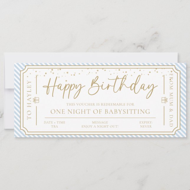 Pale Blue Birthday babysitting Gift Voucher Card (Front)