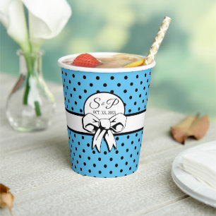 Pale Blue Black Polka Dot White Bow Personalised Paper Cups