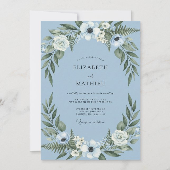 Pale Blue Botanical Floral Wedding Invitation (Front)