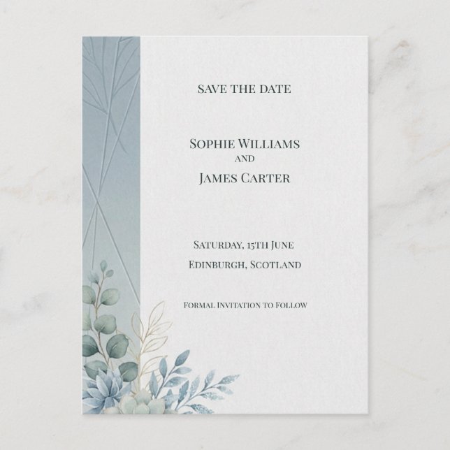 Pale Blue Botanical Save The Date Postcard (Front)