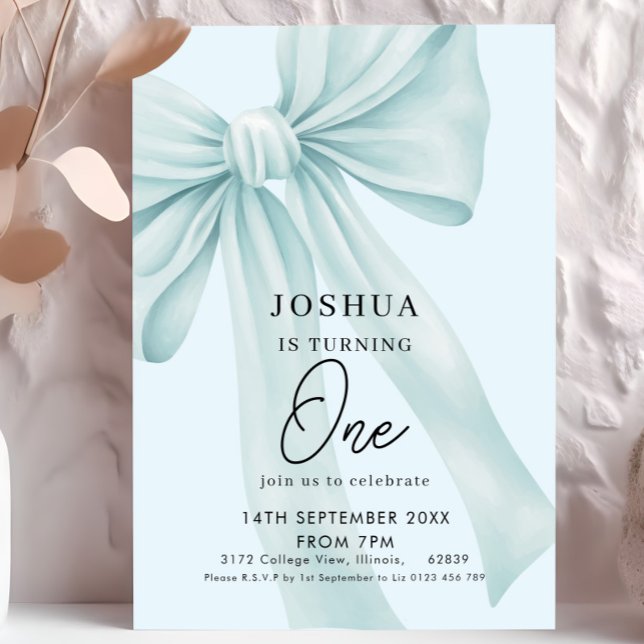 Pale Blue Bow Elegant First Birthday Party  Invitation (Creator Uploaded)