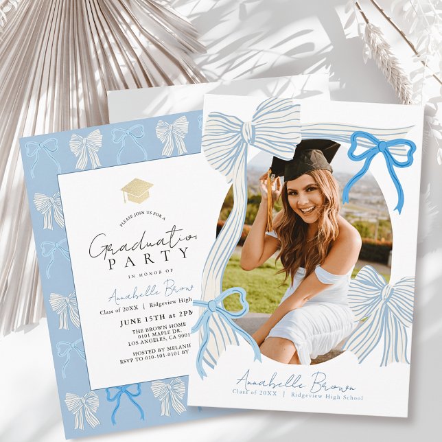 Pale Blue Bows Photo Graduation Party Invitation (Creator Uploaded)