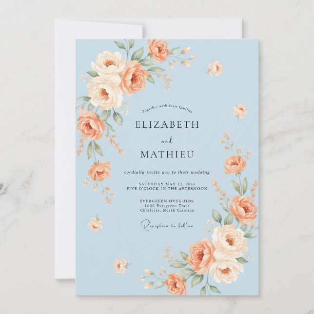 Pale Blue Charming Rose Wedding Invitation (Front)