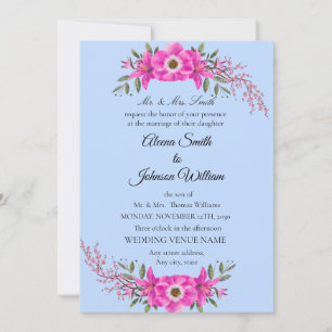 Pale Blue Colour with Elegant Pink flower  Invitation