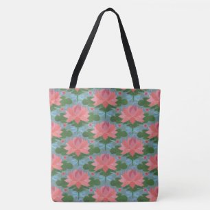 Pale Blue Dragonflies, Pink Water Lilies, on Blue Tote Bag