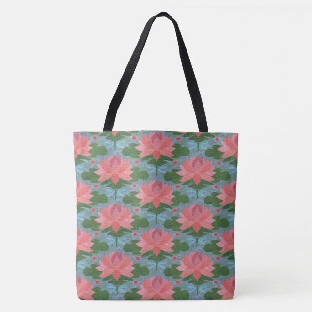 Pale Blue Dragonflies, Pink Water Lilies, on Blue Tote Bag (Front)