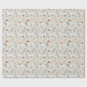 Pale Blue Flannel Autumn – Pumpkin and Wheat Line Wrapping Paper