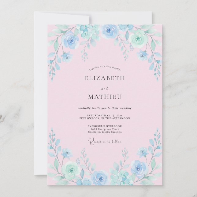 Pale Blue Floral Brushstroke Wedding Invitation (Front)