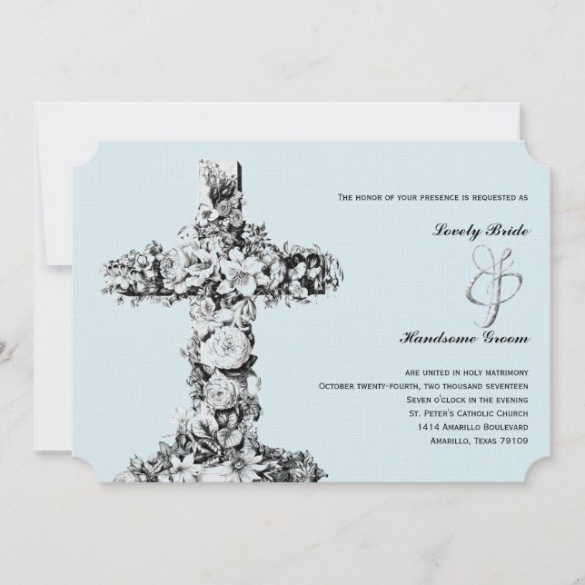 Pale Blue Floral Cross Christia Wedding Invitation (Front)