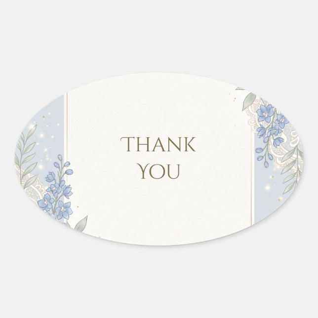 Pale Blue Floral Lace Wedding Thank You Oval Sticker (Front)
