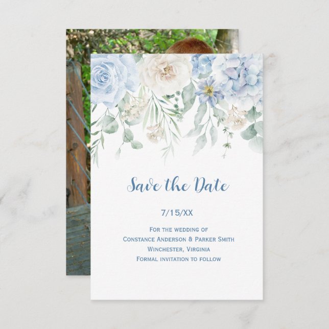 Pale Blue Floral Photo Save the Date (Front/Back)