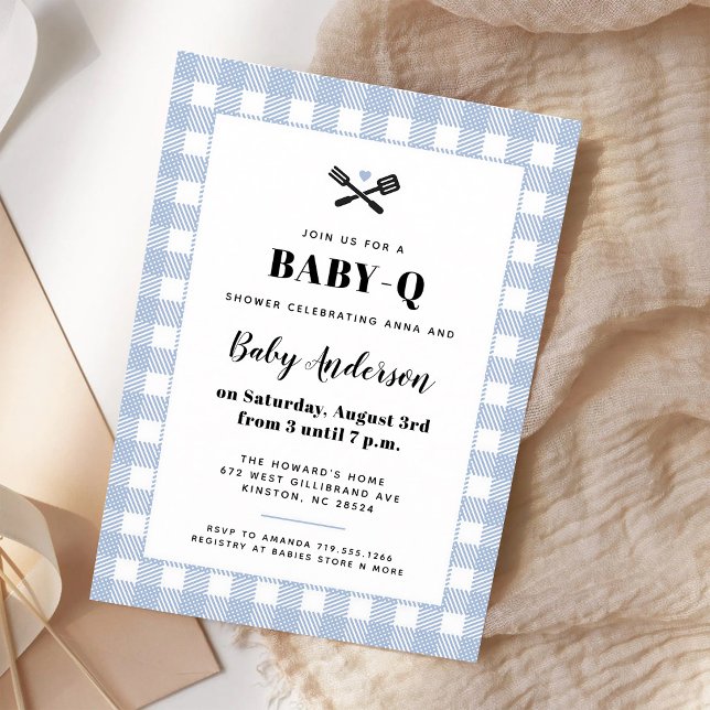 Pale Blue Gingham Baby-Q Backyard BBQ Invitation (Creator Uploaded)