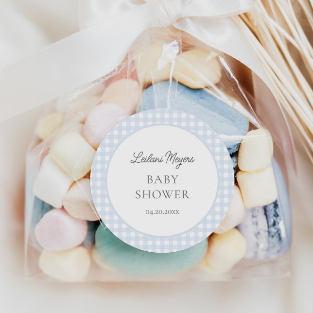 Pale Blue Gingham Classic Boys Baby Shower Classic Round Sticker (Creator Uploaded)