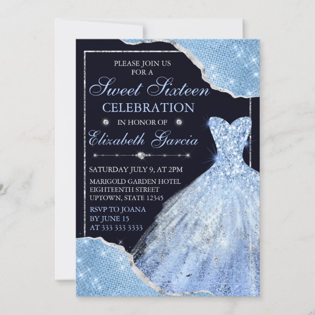 Pale Blue Glitter Dress & Glam Edges Sweet Sixteen Invitation (Front)