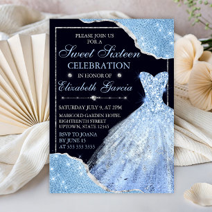 Pale Blue Glitter Dress & Glam Edges Sweet Sixteen Invitation