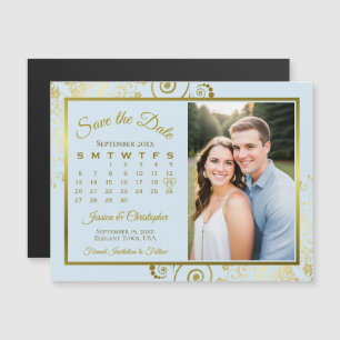 Pale Blue & Gold Calendar Photo Save Date Magnet