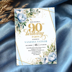 Pale blue gold floral blend fancy 90th birthday invitation