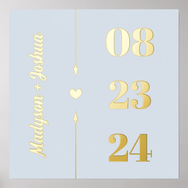 Pale Blue Gold Heart Arrows Names Anniversary Date Foil Prints (Front)