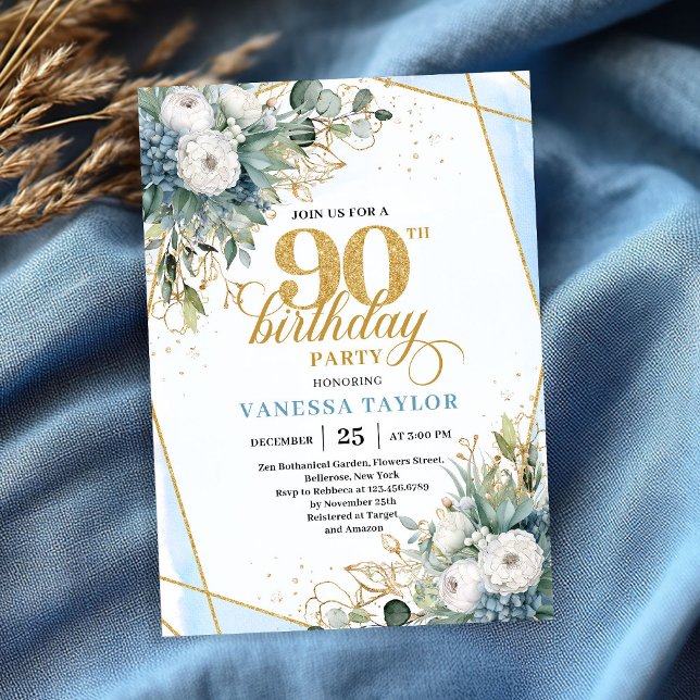 Pale blue gold leaves soft chic 90th birthday  invitation (Pale blue gold leaves soft chic 90th birthday invitation)