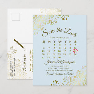 Pale Blue & Gold Wedding Save the Date Calendar Announcement Postcard