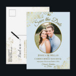 Pale Blue & Gold Wedding Save the Date Oval Photo Announcement Postcard<br><div class="desc">This beautiful save the date postcard is designed to give your friends and family advance notice of your upcoming wedding. It features a simple yet elegant design with gold text on a pale powder blue background, and your photo in an oval frame surrounded by frilly gold faux foil curls and...</div>