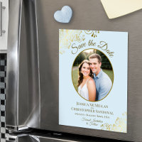 Pale Blue & Gold Wedding Save the Date Oval Photo