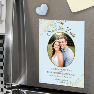 Pale Blue & Gold Wedding Save the Date Oval Photo Magnetic Invitation
