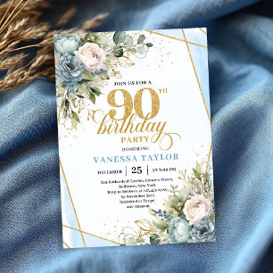 Pale blue gold wreath elegance 90th birthday invitation