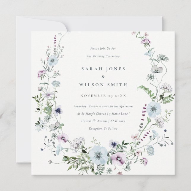 Pale Blue Lilac Wildflower Wreath Wedding Invite (Front)