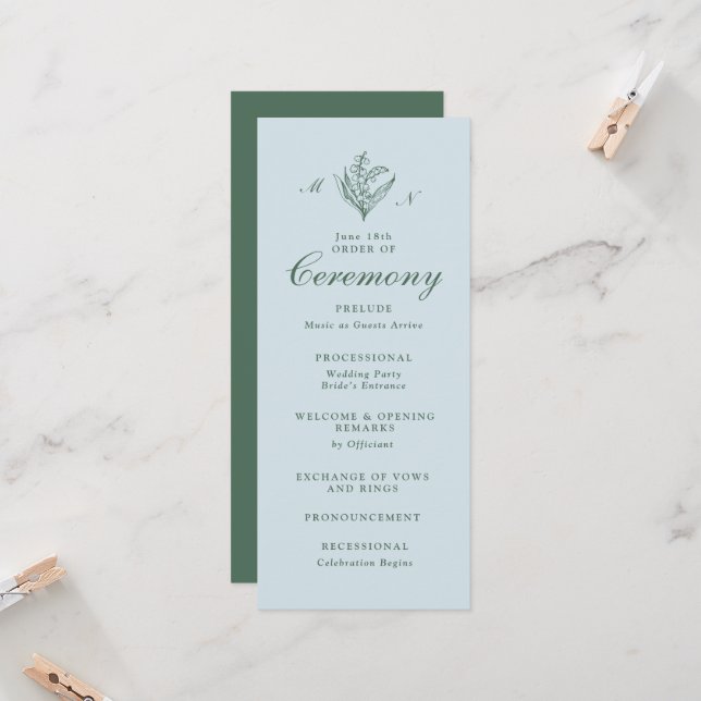 Pale Blue Lily of the Valley Monogram Program Invitation (Front/Back In Situ)
