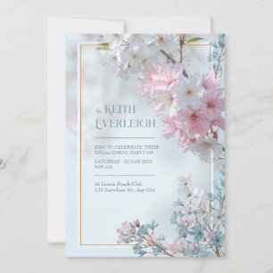 Pale Blue Misty Romantic Sakura Gold Frame Wedding Invitation