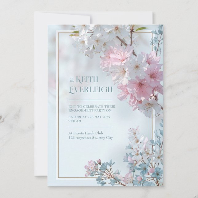 Pale Blue Misty Romantic Sakura Gold Frame Wedding Invitation (Front)