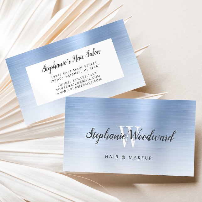Pale Blue Ombre Brushed Metal Monogram Hair Salon Business Card (Creator Uploaded)