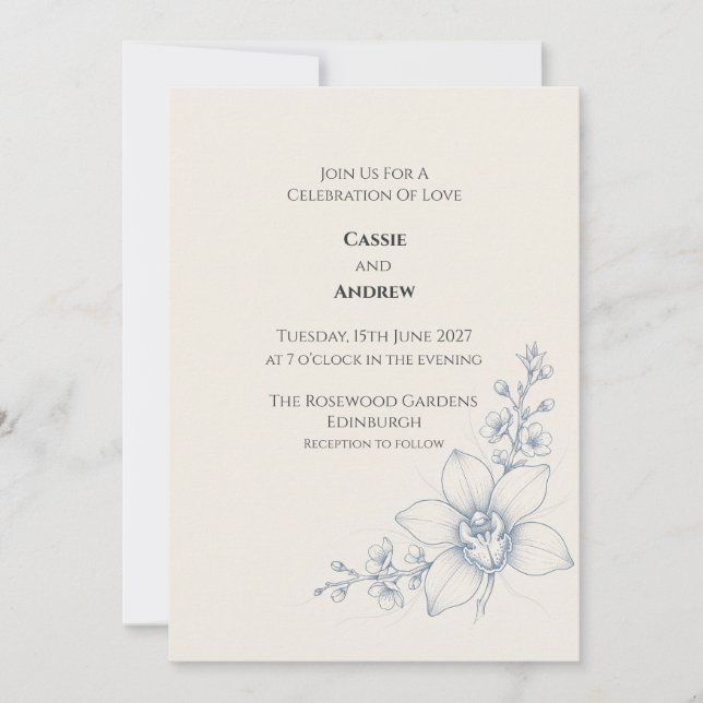 Pale Blue Orchid Floral Wedding Invitation (Front)