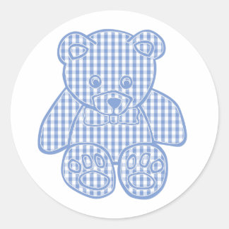 Pale Blue Pastel Gingham Teddy Bear Classic Round Sticker