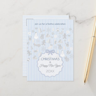 Pale Blue Pastel Stripe Whimsical Christmas Silver Announcement Postcard