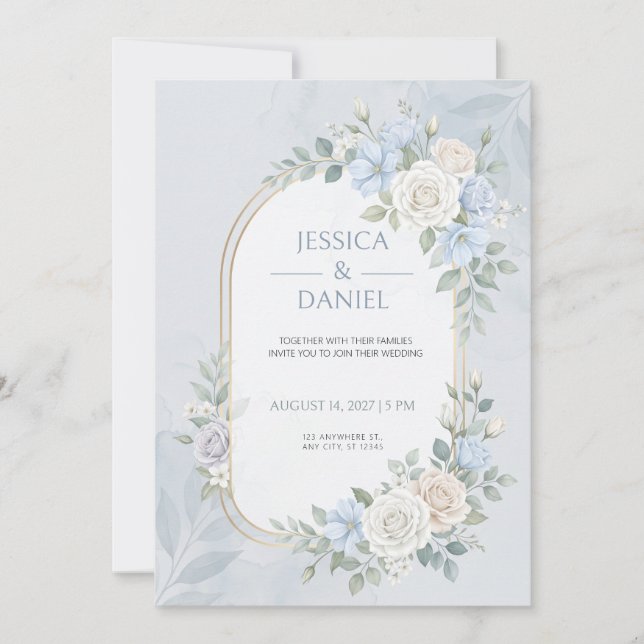 Pale Blue Rose Gold Arch Wedding Invitation (Front)