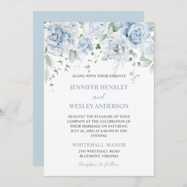 Pale Blue Roses Hydrangeas Wedding Invitation (Front/Back)