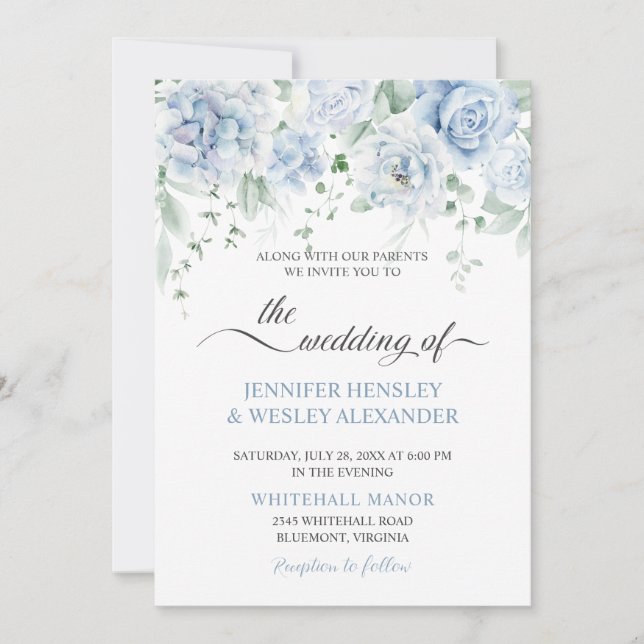 Pale Blue Roses Hydrangeas Wedding Invitation (Front)