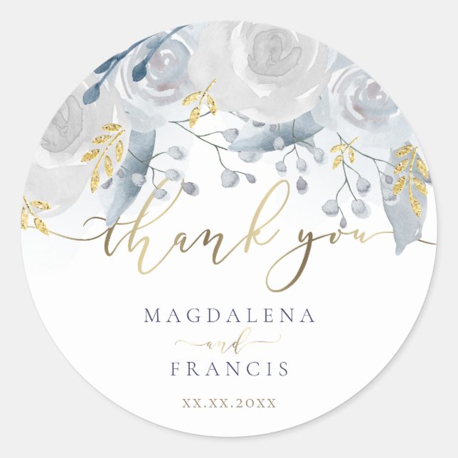 pale blue roses wedding thank you classic round sticker (Front)