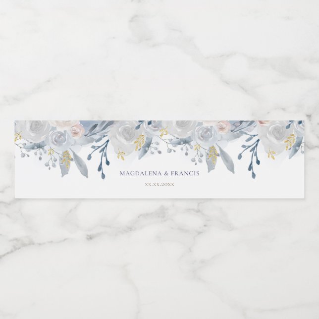 pale blue roses wedding water bottle label (Single Label)