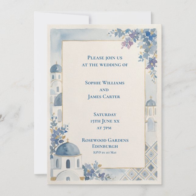Pale Blue Santorini Wedding Invitation (Front)
