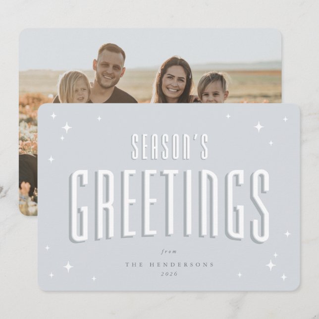 Pale Blue Season's Greetings Retro Stars Photo Holiday Card (Front/Back)