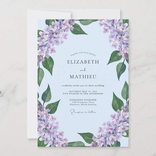 Pale Blue Seraphic Lilac Wedding Invitation (Front)