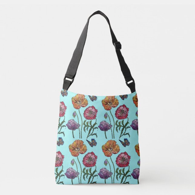 Pale Blue Shabby Poppy Crossbody Bag (Front)