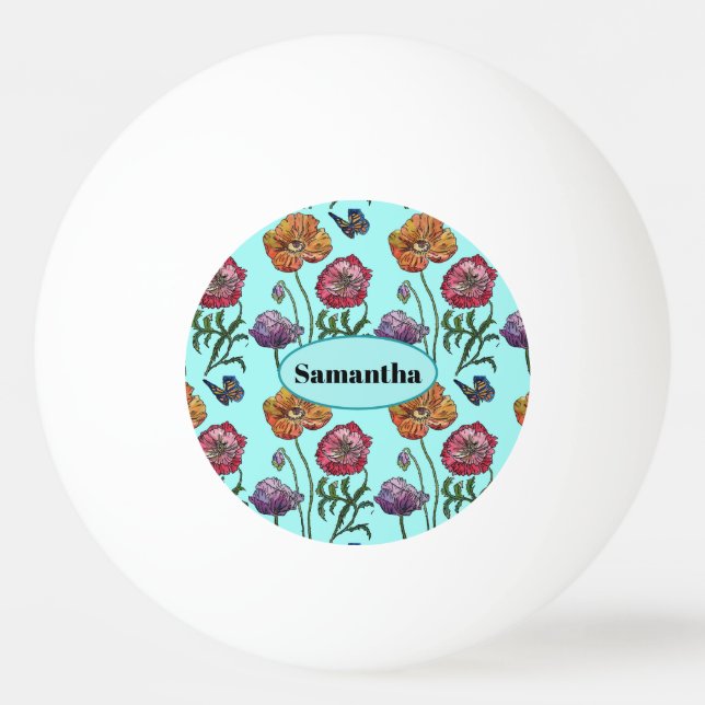 Pale Blue Shabby Poppy Customizable Name Ping Pong Ball (Front)