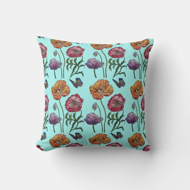 Pale Blue Shabby Watercolor Poppy Cushion (Front)